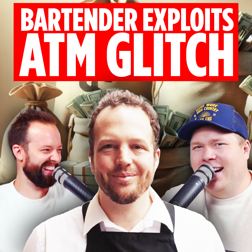 Comedy podcasters Jaron Myers and Tim Stone talking on mics behind Dan Saunders in a bartenders apron with a banner that reads Bartender exploits atm glitch