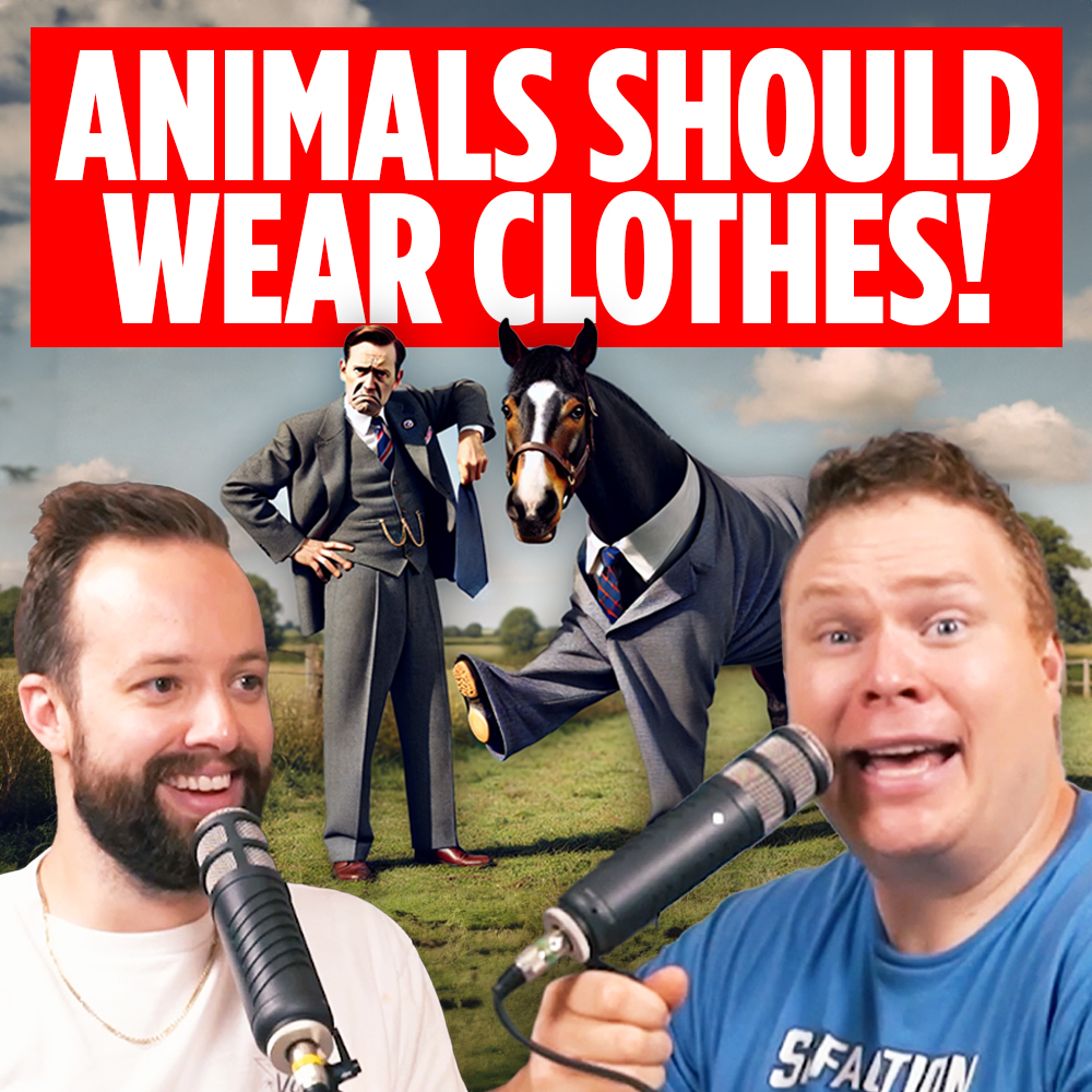 Comedy Podcasters Tim Stone and Jaron Myers talking on podcast mics in front of an image of a 1940s era man in a suit next to a fully clothed horse in a similar suit