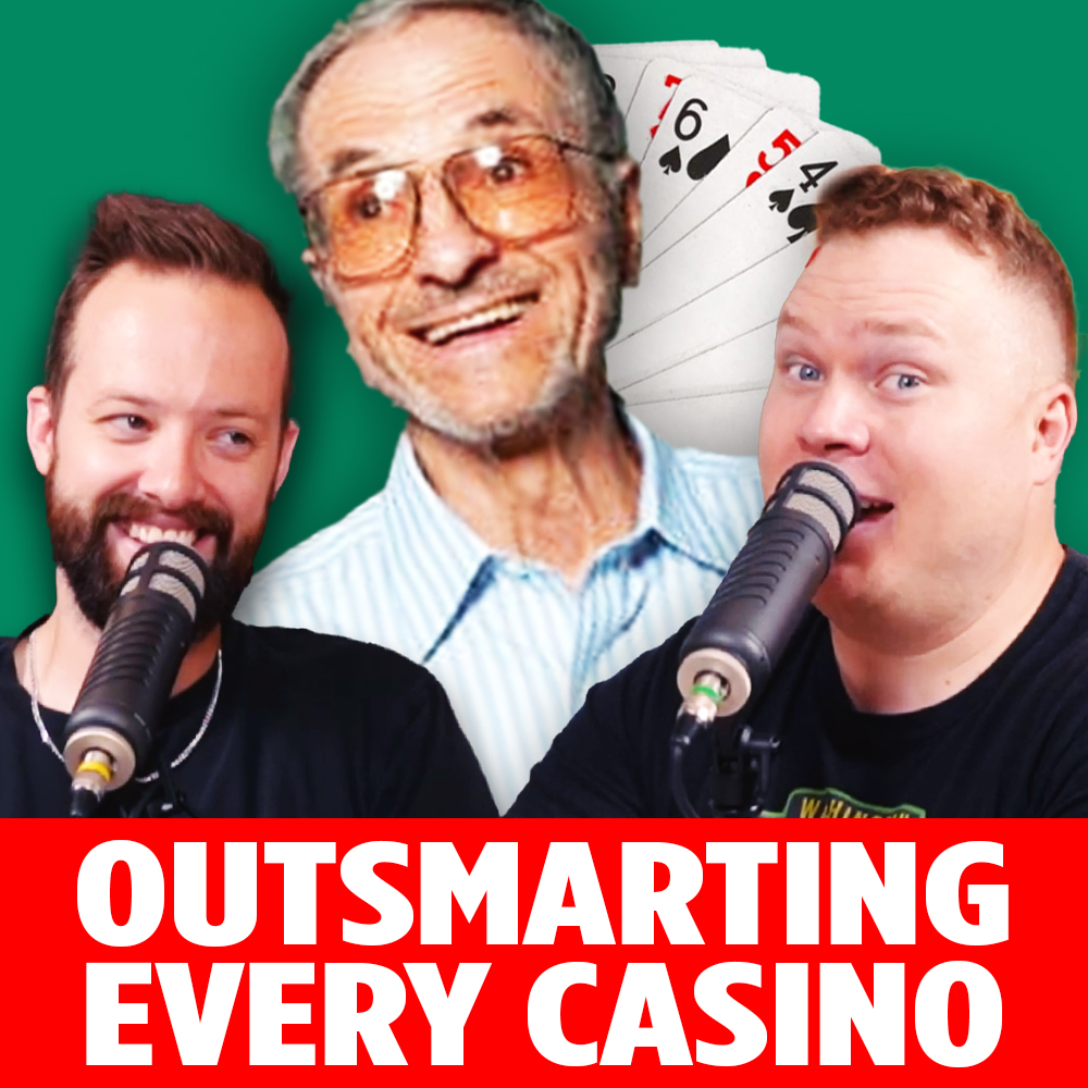 Ed thorp with a deck of cards in front of comedy podcasters Jaron Myers and Tim Stone with a banner that reads 'outsmarting casinos'