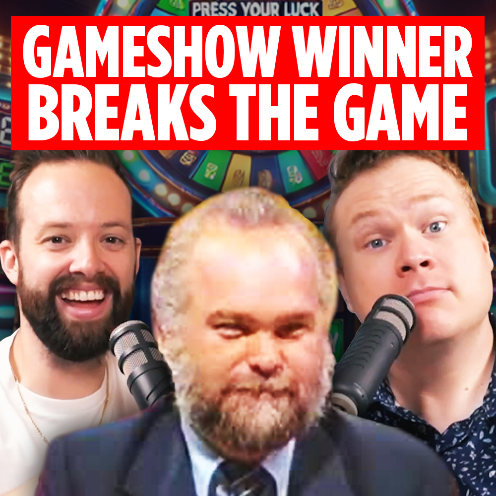 Michael Larson on an old tv playing the game show press your luck behind comedy podcasters tim stone and jaron myers with a banner that reads 'gameshow winner breaks the game'