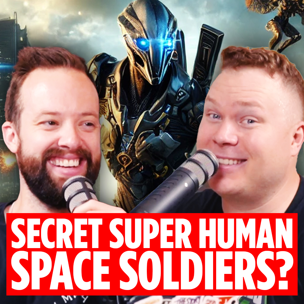 A robot human soldier behind comedy podcasters Jaron Myers and Tim Stone with a banner that reads 'secret super human space soldiers'