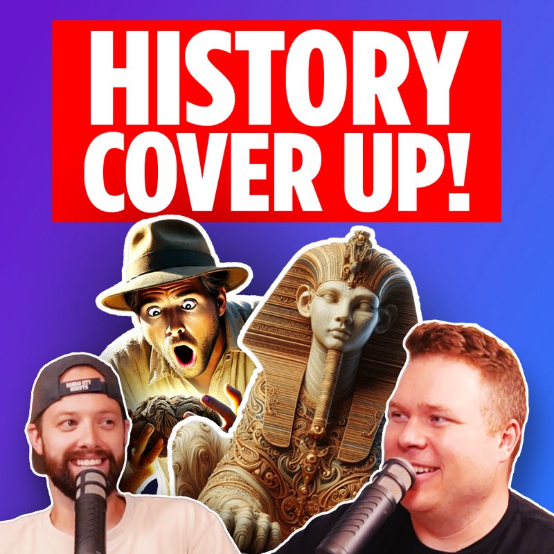 The sphinx next to archeologist GE Kincaid in front of a banner that reads 'history cover up' behind comedy podcasters Jaron Myers and Tim Stone