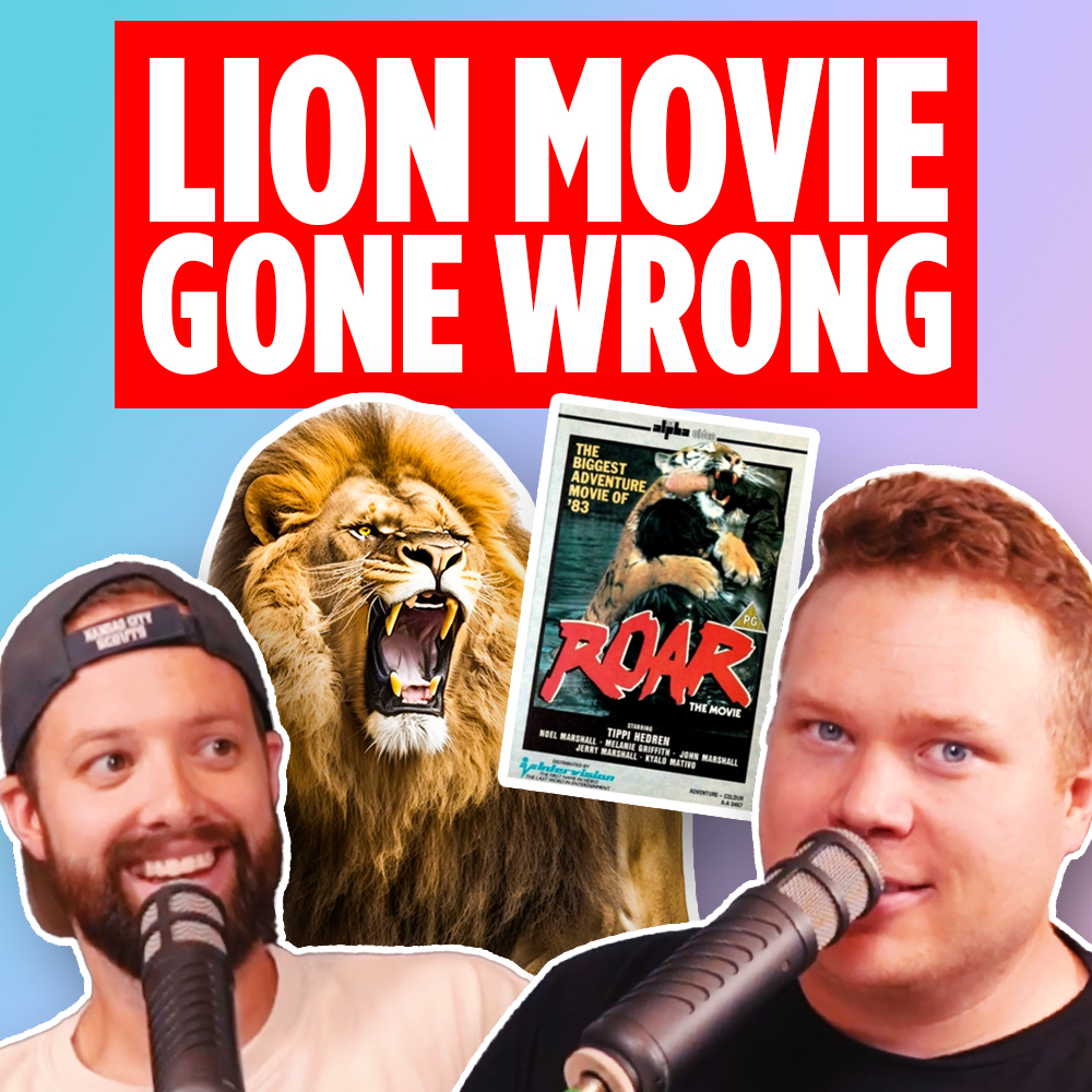 A lion with the roar movie poster behind Jaron Myers and Tim Stone with a banner that reads Lion Movie Gone Wrong