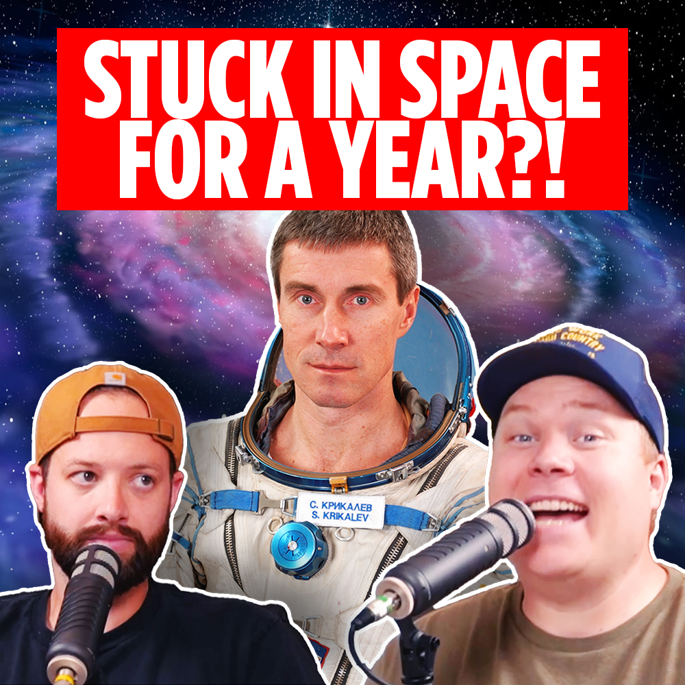 Sergei Krikalev in a cosmonaut suit in front of a galaxy behind comedy podcasters Tim Stone and Jaron Myers with a headline that reads 'stuck in space for a year?'