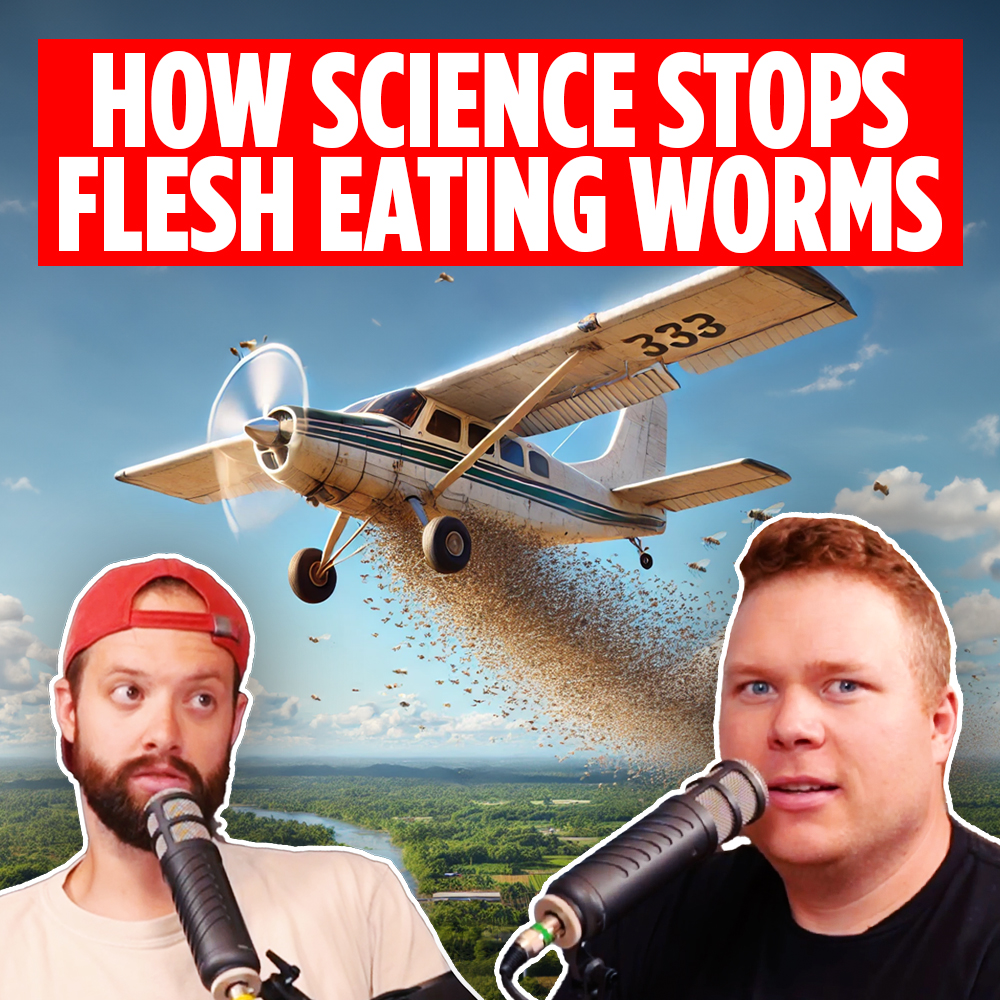 a single prop airplane dropping screw worms out the back behind comedy podcasters jaron myers and tim stone with a banner that reads 'How science stops flesh eating worms'