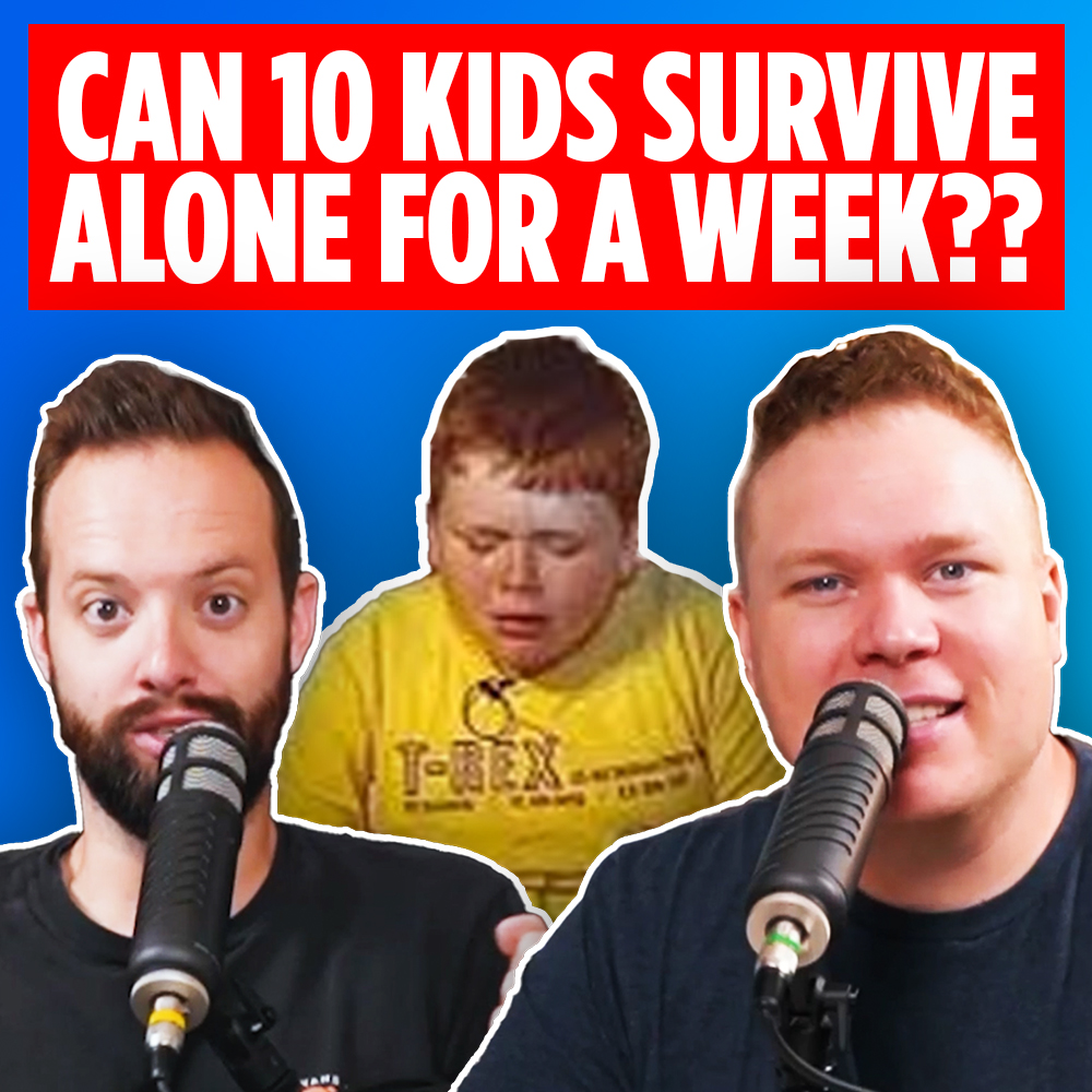 An upset kid in front of podcasters Jaron Myers and Tim Stone with a banner that reads 'can 10 kids survive alone for a week?'