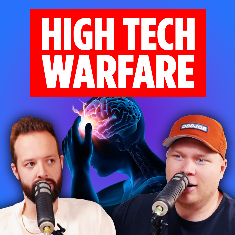 Comedy podcasters jaron myers and tim stone in front of a purple backdrop and a banner that reads 'high tech warfare'