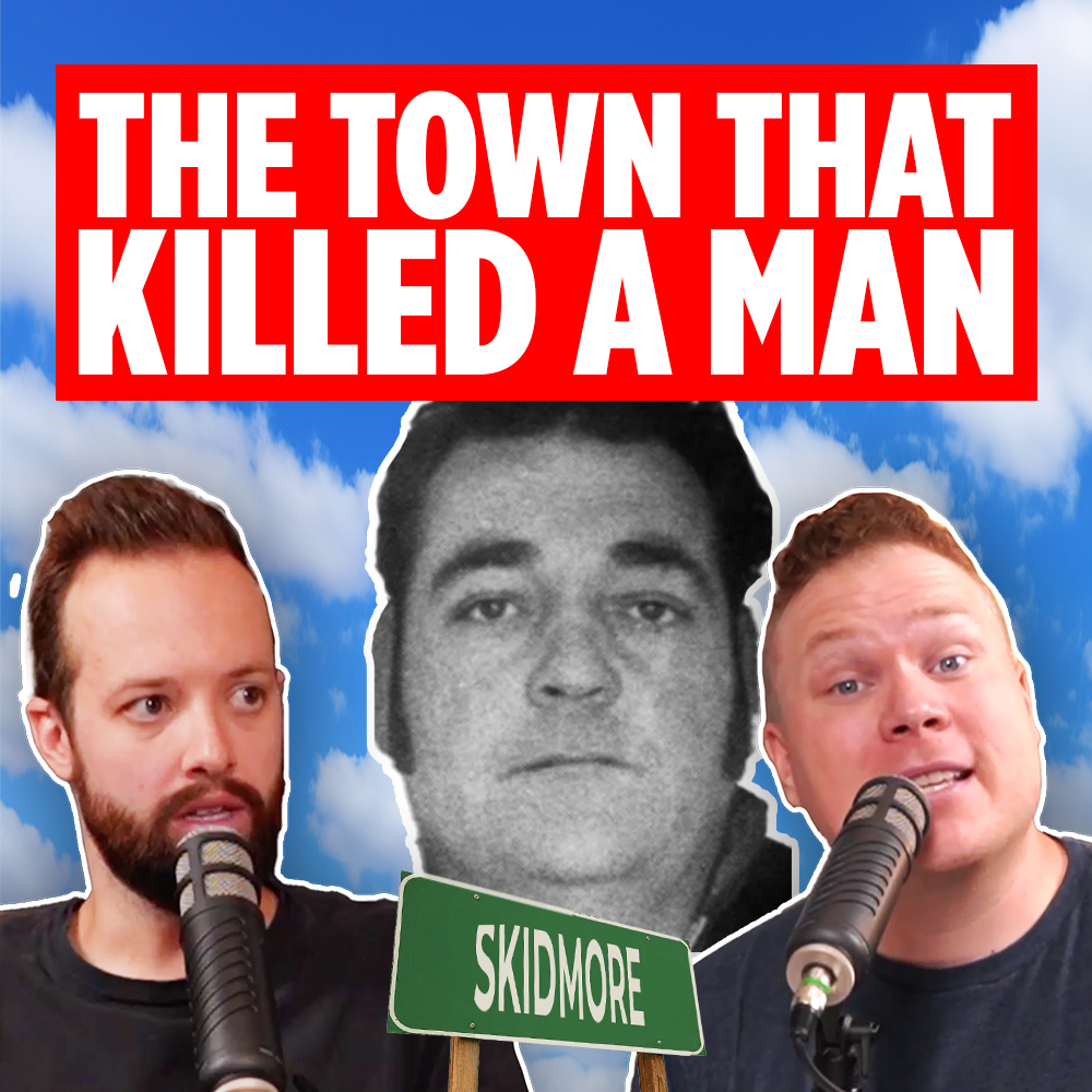 Ken McElroy behind comedy podcasters Jaron Myers and Tim Stone with a banner that reads The Town That Killed A Man