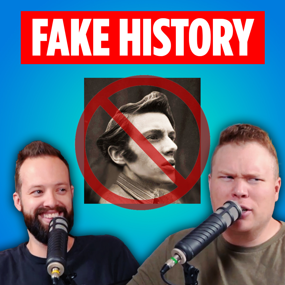 A photo of alan macmaster with a red x over it and a banner that says 'fake history' behind comedy podcaster jaron myers and tim stone