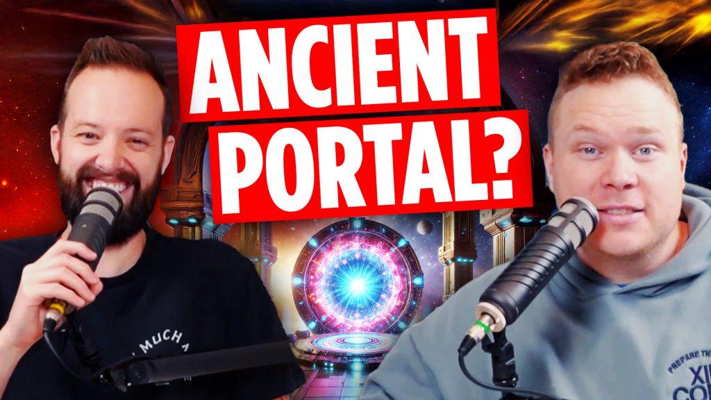 A stargate behind the banner that reads 'ancient portal?' behind comedy podcasters tim stone and jaron myers