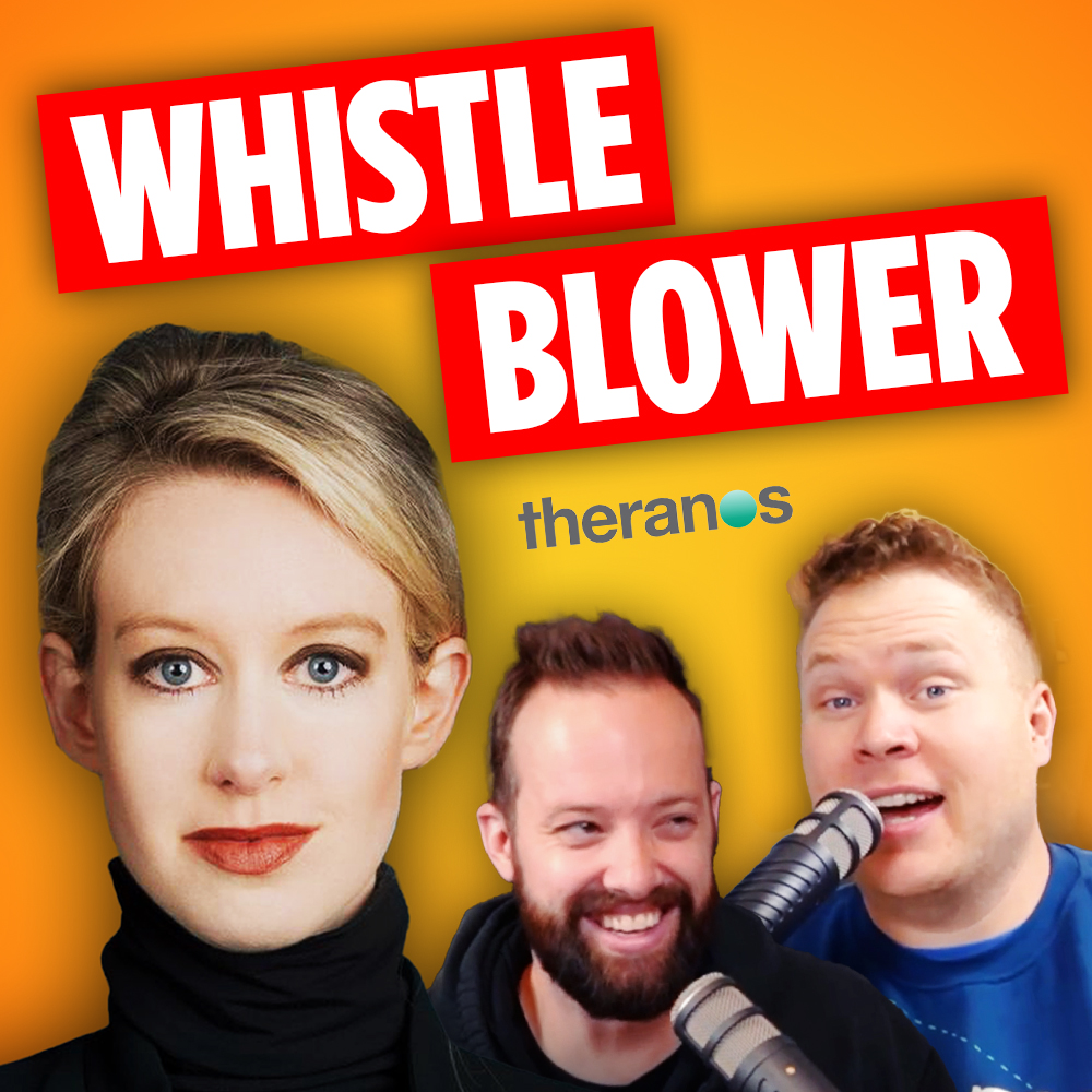 elizabeth holmes in her signature turtle neck behind comedy podcasters jaron myers and tim stone and a banner that reads whistle blower