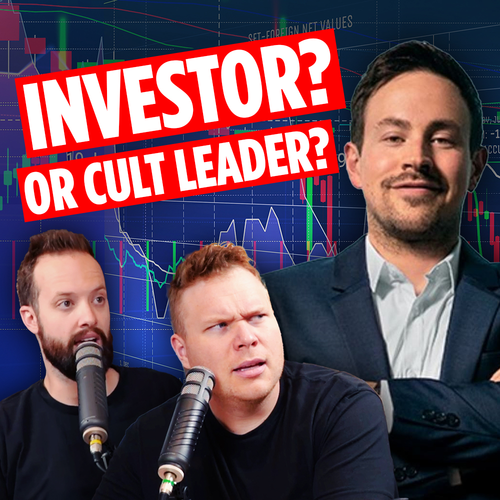 Ryan Cohen in front of a stock market chart with a headline that reads ' investor? or cult leader?' next to comedy podcasters Jaron Myers and Tim Stone