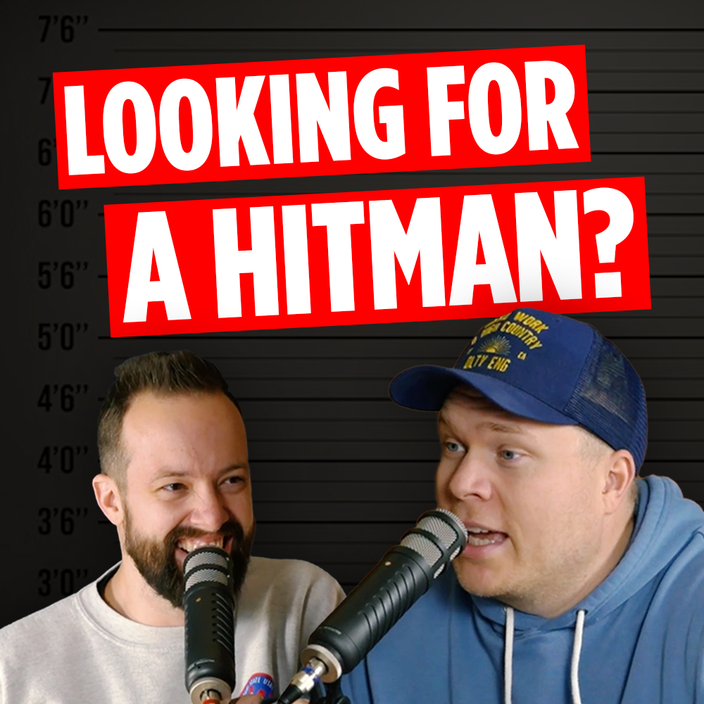 comedy podcasters Jaron Myers and Tim Stone in front of a police lineup with a banner that reads 'looking for a hitman'