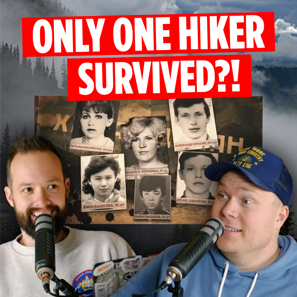 comedy podcast jaron myers and tim stone in front of a board of images of missing hikers with a banner above them that reads 'only one hiker survived?"