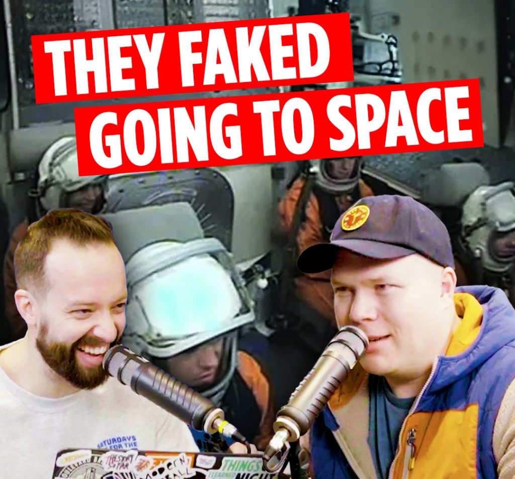 The space cadets on their fake space shuttle behind comedy podcasters jaron myers and tim stone with a banner that reads 'they faked going to space'