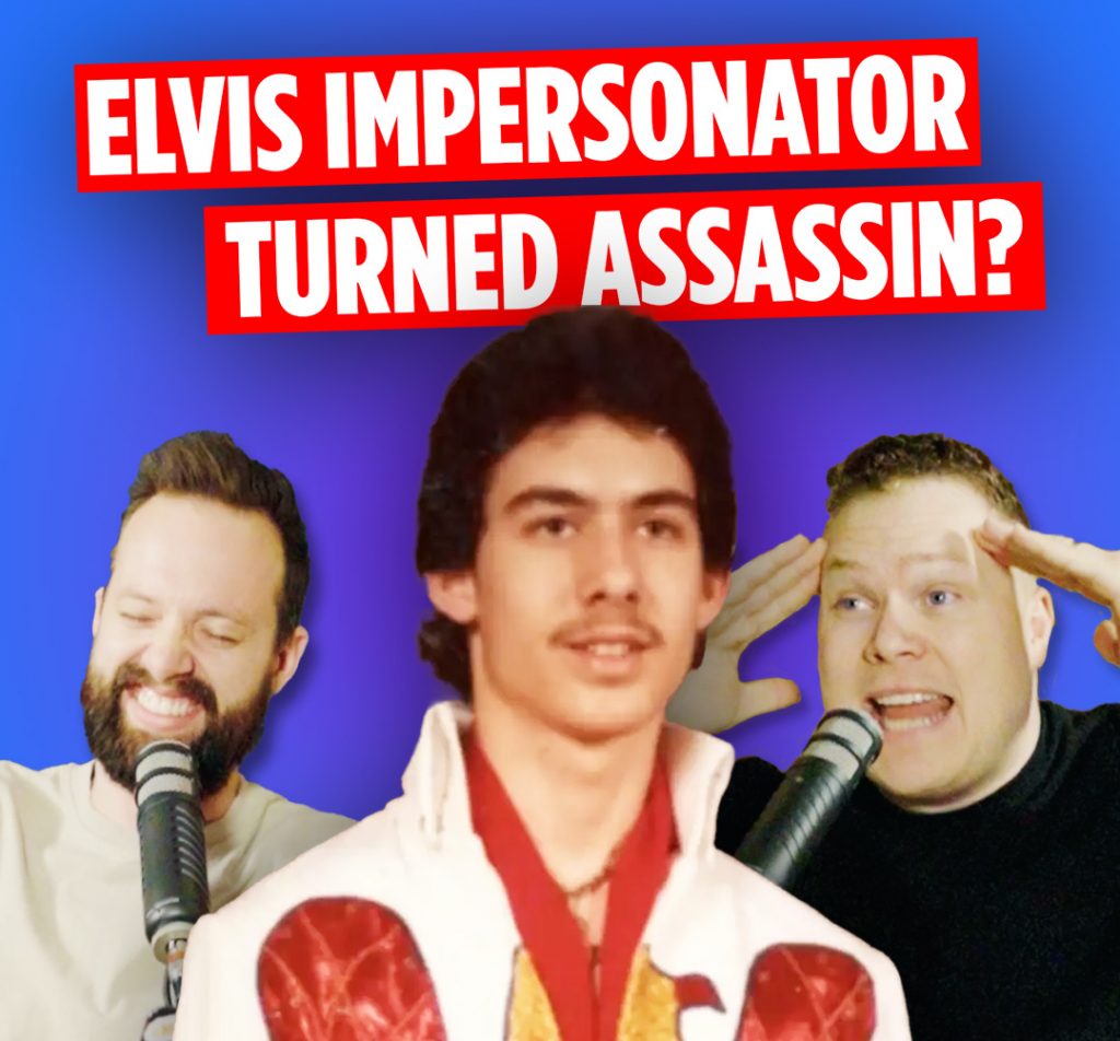 Paul Kevin Curtis in an elvis costume in front of comedy podcasters Jaron Myers and Tim Stone with a banner that reads Elivs Impersonator Turned Assassin