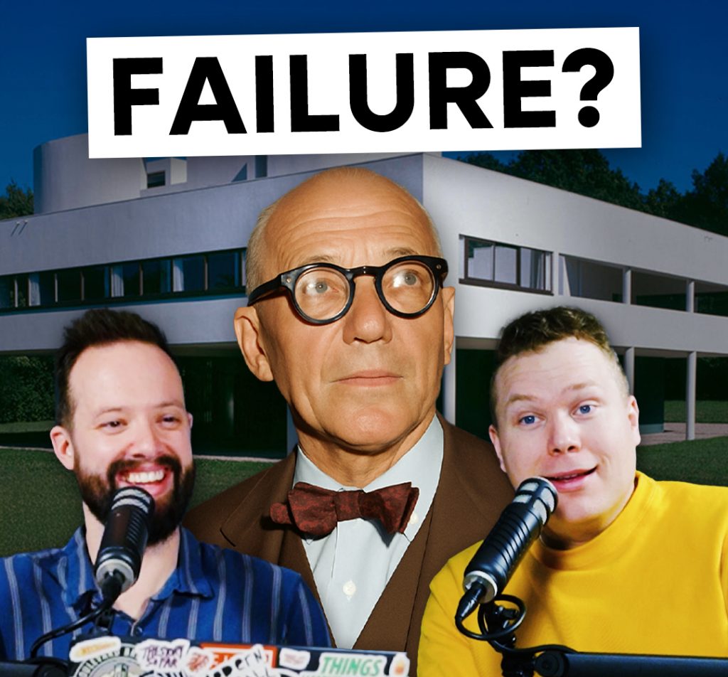 Architect Le Corbusier in thick rim glasses standing in front of a building he designed with comedy podcasters jaron myers and tim stone