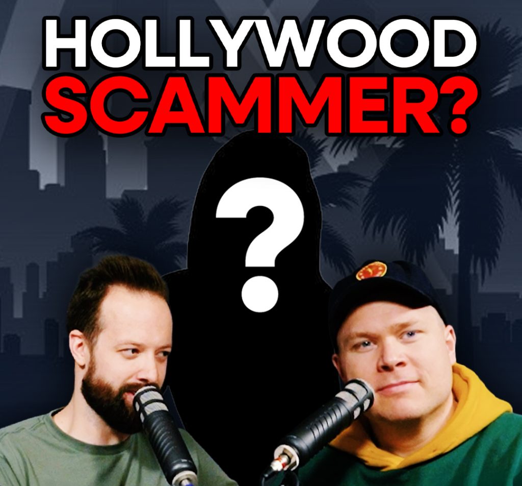 A silhouette with a question mark behind comedy podcasters jaron myers and tim stone with a banner that reads 'hollywood scammer'