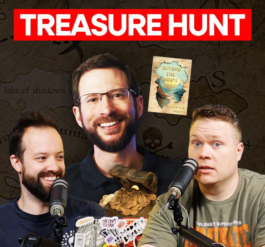 Jusitn Posey smiling with his book and a treasure chest behind comedy podcasters jaron myers and tim stone with a banner that reads 'treasure hunt'