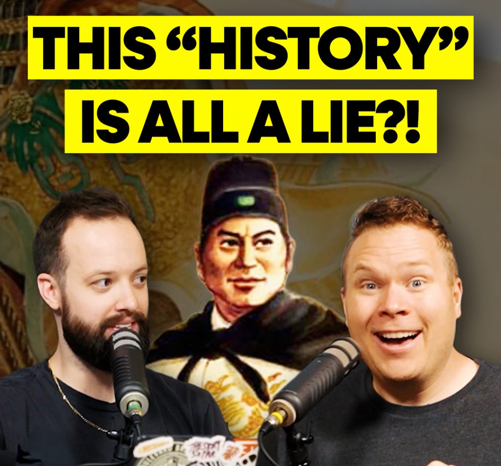 zheng he behind comedy podcasters jaron myers and tim stone with a banner that reads 'this history is all a lie'
