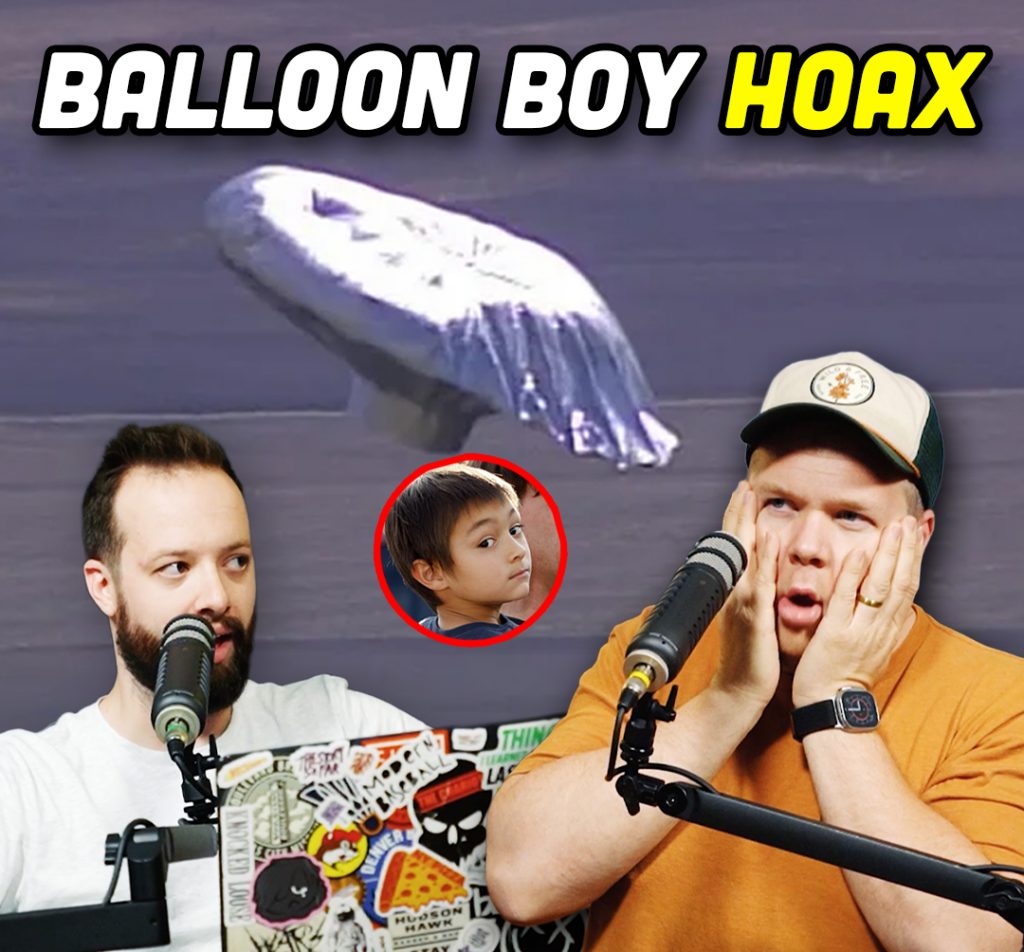 A large mylar balloon floating in the air with comedy podcasters jaron myers and tim stone in the foreground with a banner that reads 'balloon boy hoax'