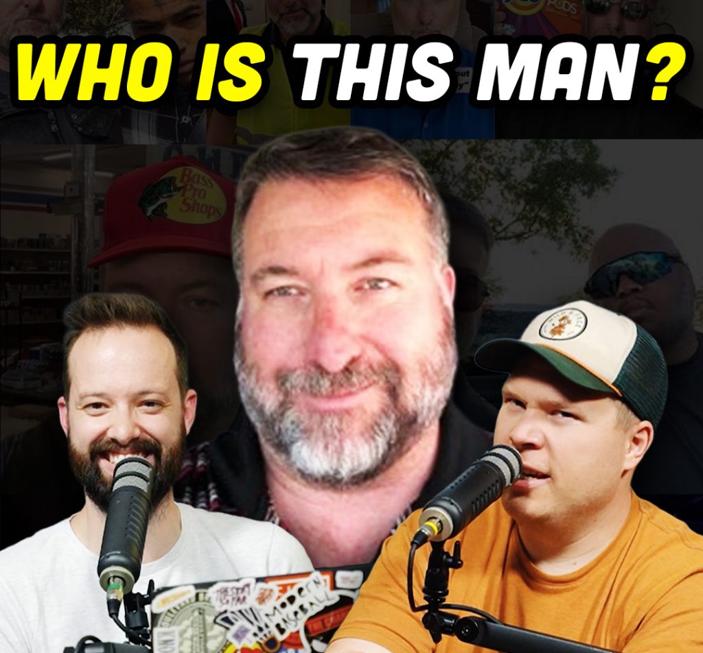 Henry Davis smilling behind comedy podcaster jaron myers and tim stone with a banner that reads 'who is this man?'