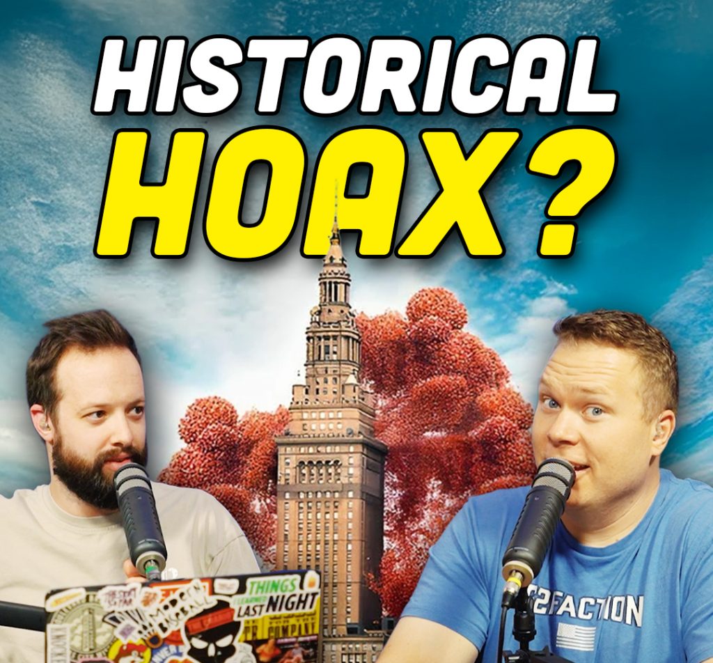 Balloonfest 86 in Cleveland Ohio behind comedy podcaster Jaron Myers and Tim Stone with a banner that reads 'historical hoax?'