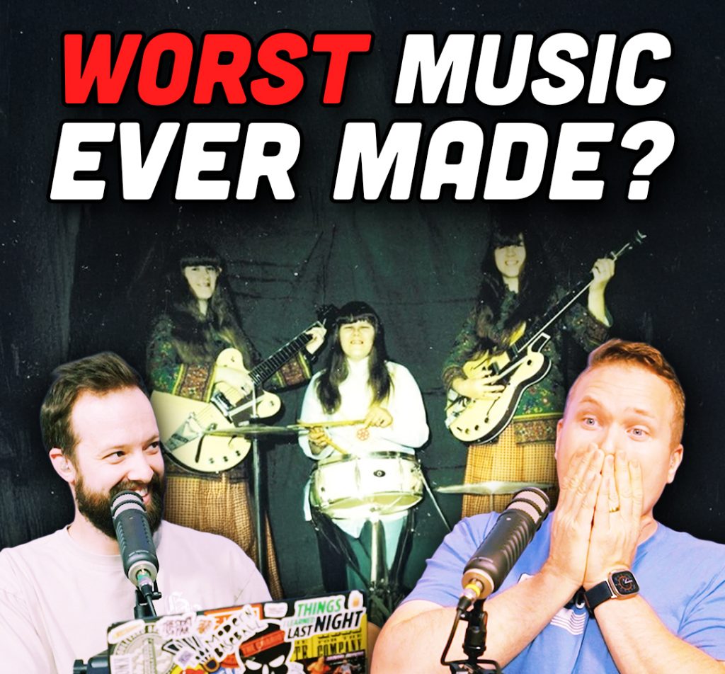 The Shaggs performing on stage behind comedy podcasters jaron myers and tim stone with a banner that reads 'worst music ever made'