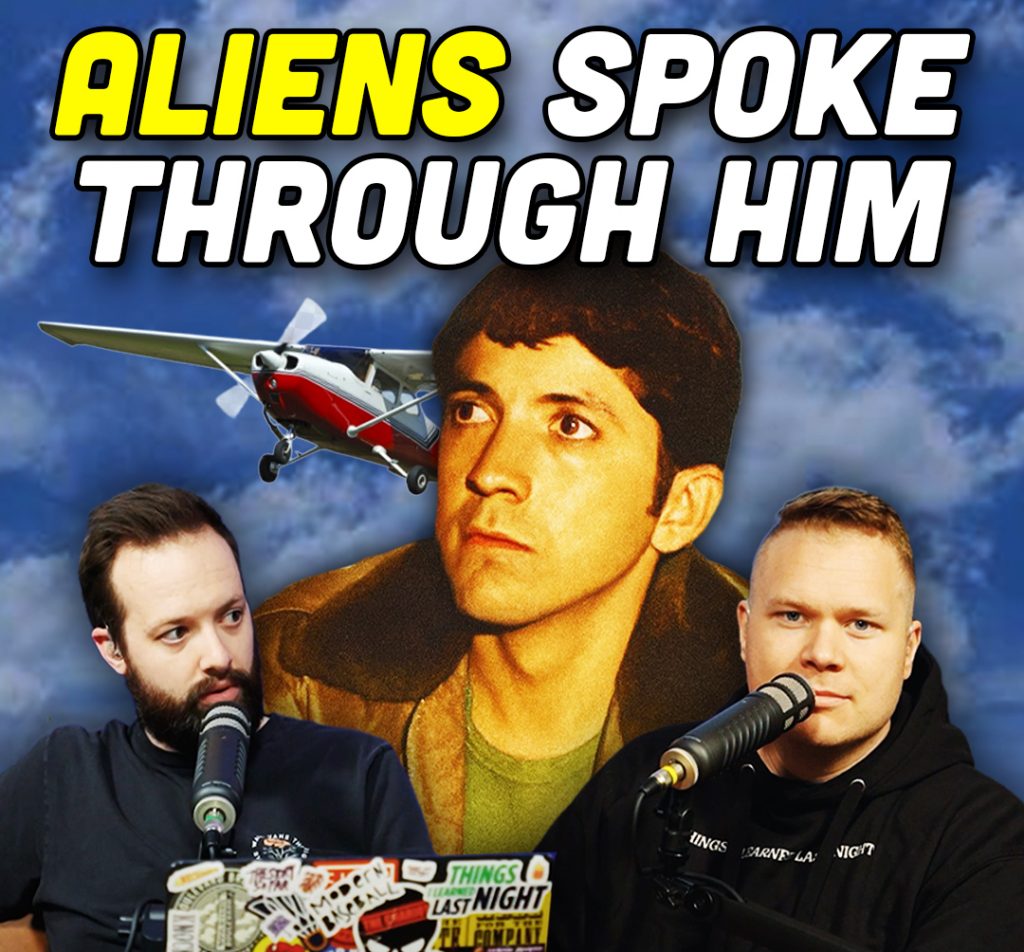 Pilot rafael pacheco perez infront of a flying Cessna 150 behind comedy podcasters jaron myers and tim stone with a banner that reads 'aliens spoke through him'