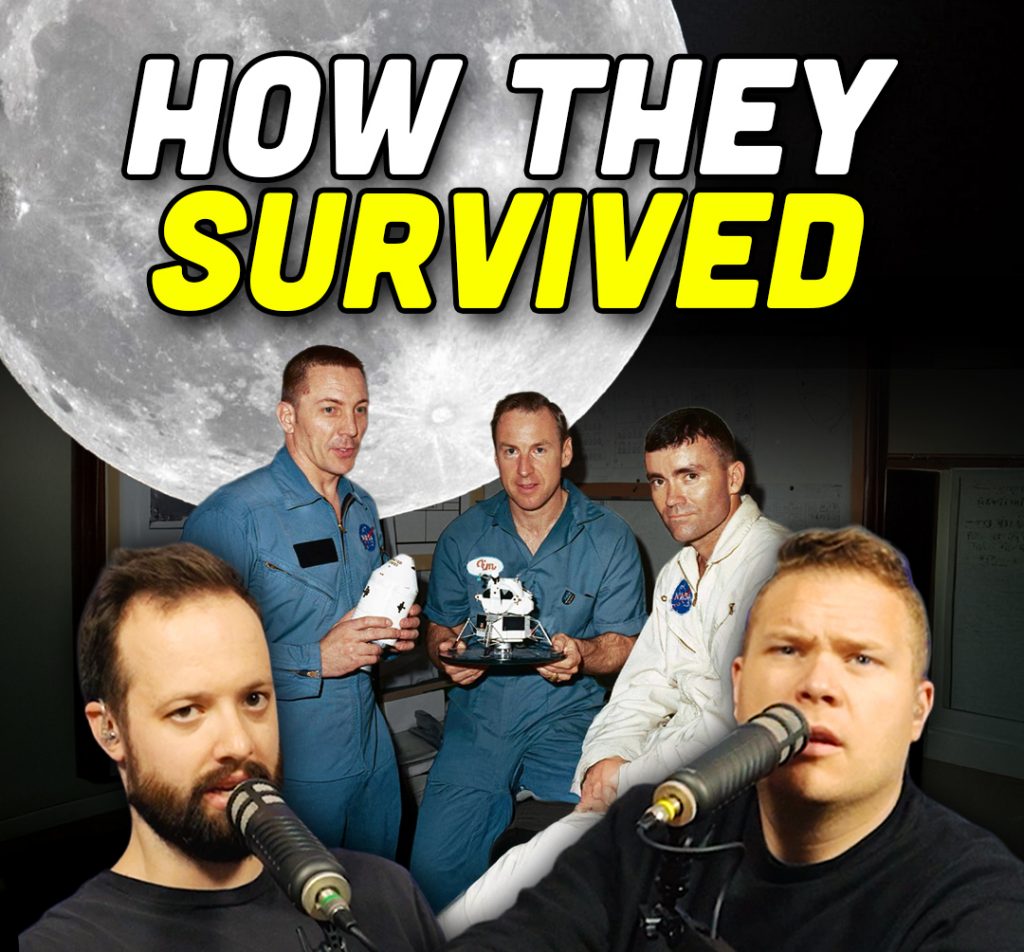 The apollo 13 crew behind comedy podcasters jaron myers and tim stone with a banner that reads how they survived
