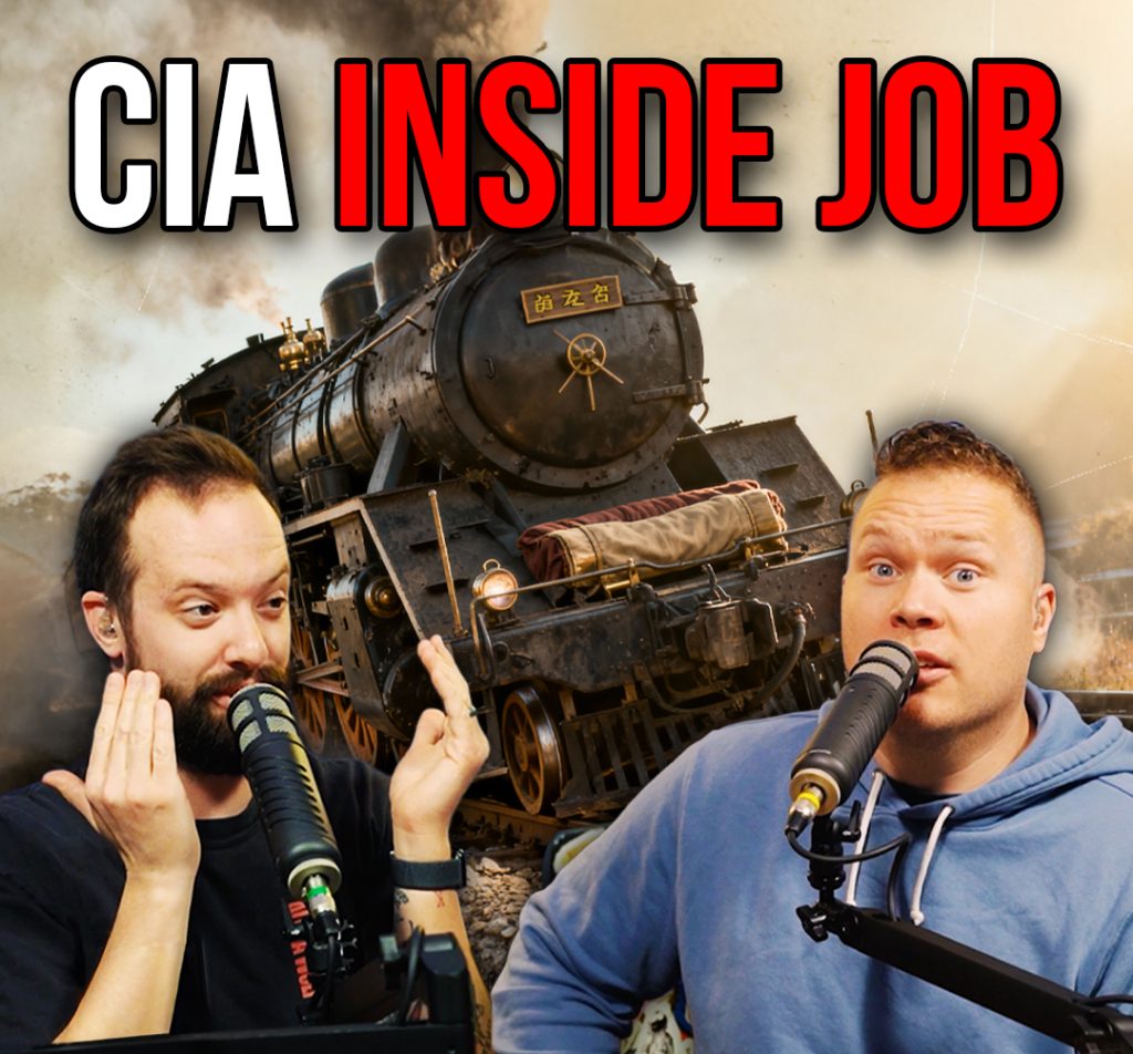 An old world train behind comedy podcasters Jaron Myers and Tim Stone with a banner that reads 'cia inside job'