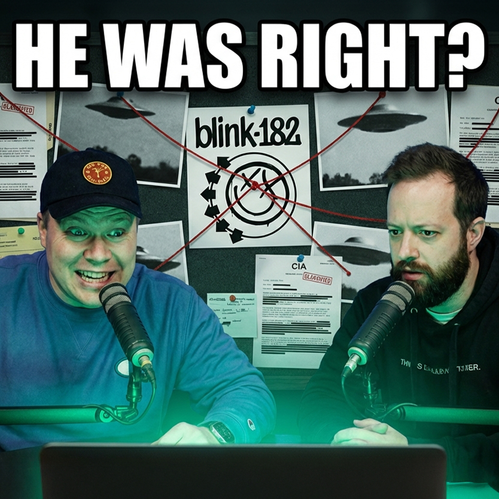 A blink 182 poster with red string tied to it connecting to multiple alien ufo photos behind comedy podcasters jaron myers and tim stone with a banner that reads 'he was right?'