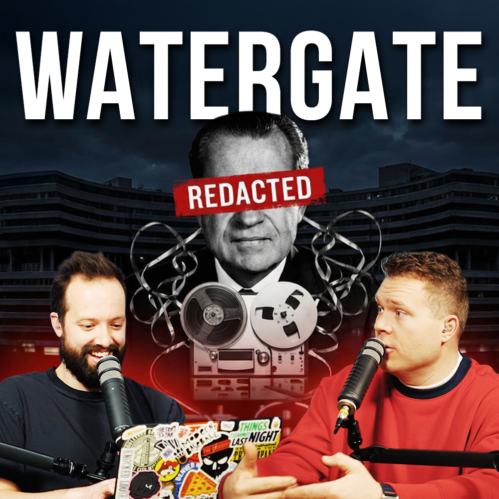 A photo of richard nixon with a red 'redacted' line over his eyes behind comedy podcasters jaron myers and tim stone beneath a banner that reads 'watergate'