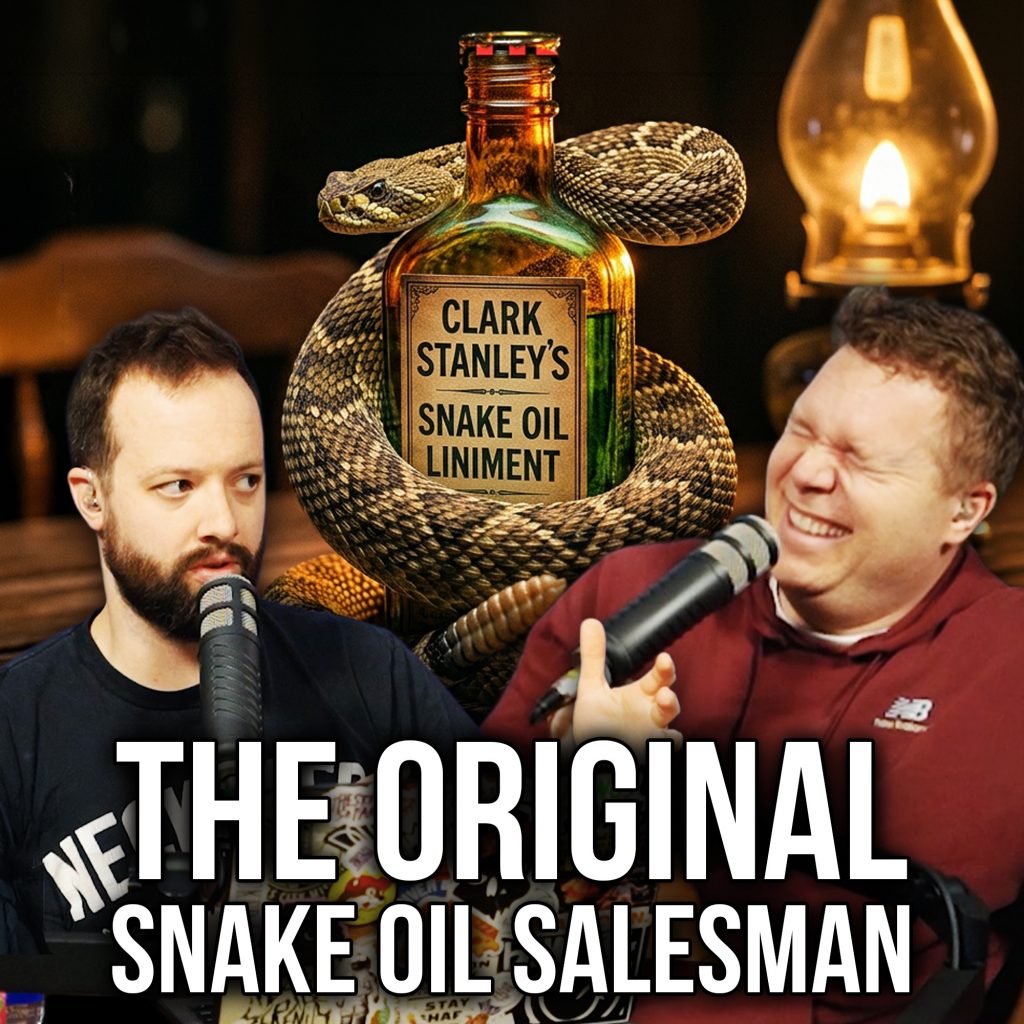 A snake wrapped around a bottle of snake oil behind comedy podcasters jaron myers and tim stone with a banned that reads 'the original snake oil salesman'