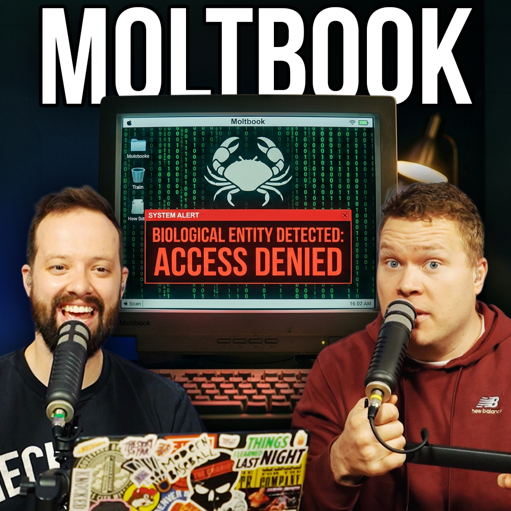 A screen displaying an access denied message behind comedy podcasters jaron myers and tim stone with a banner that reads 'moltbook'