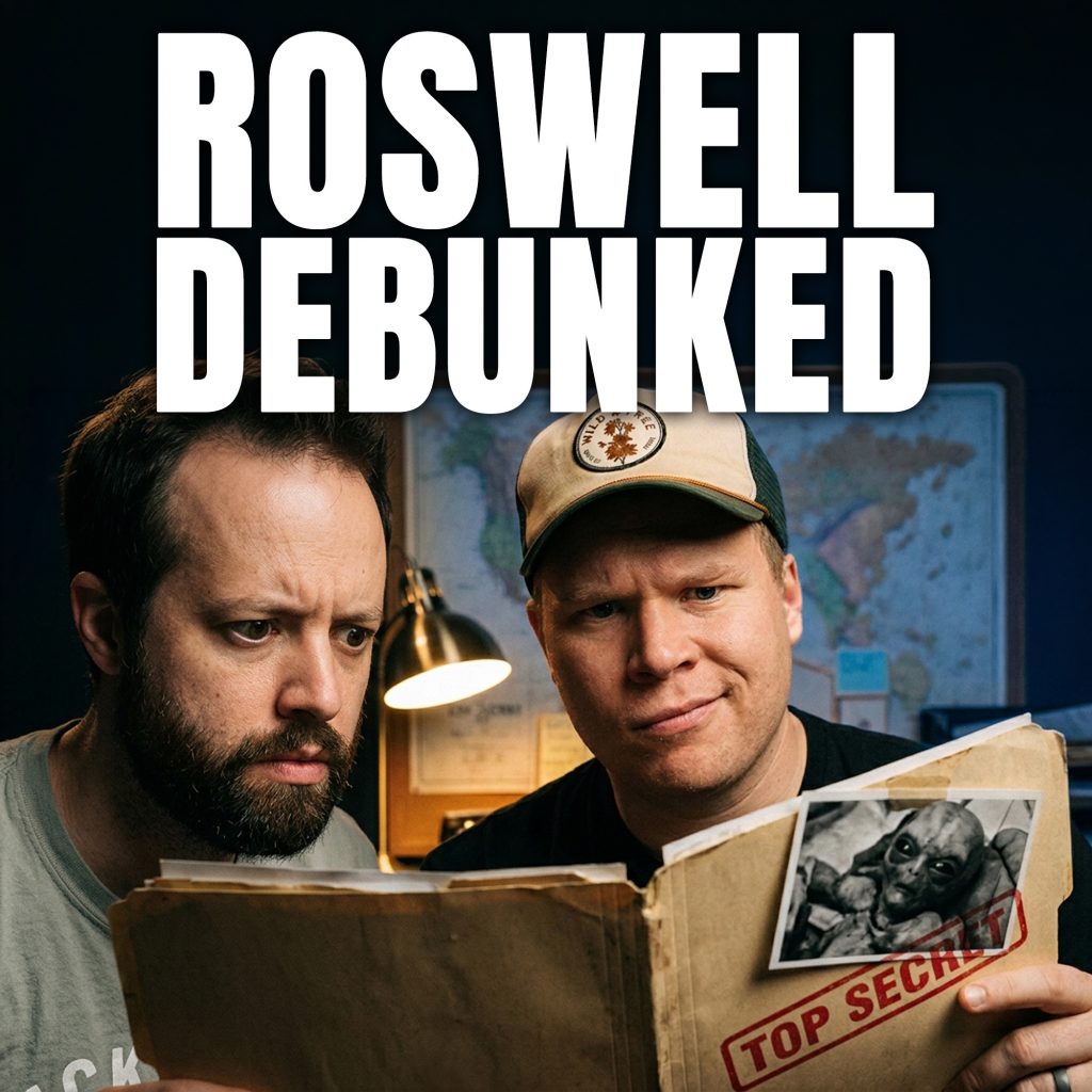 comedy podcasters jaron myers and tim stone looking at the roswell files with a banner that reads 'roswell debunked'