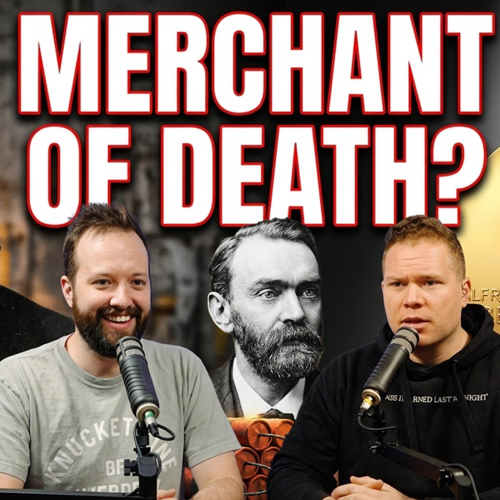 The Nobel peace prize alongside a portrait of Alfred Nobel behind comedy podcasters jaron myers and tim stone with a banner that reads "the merchant of death"