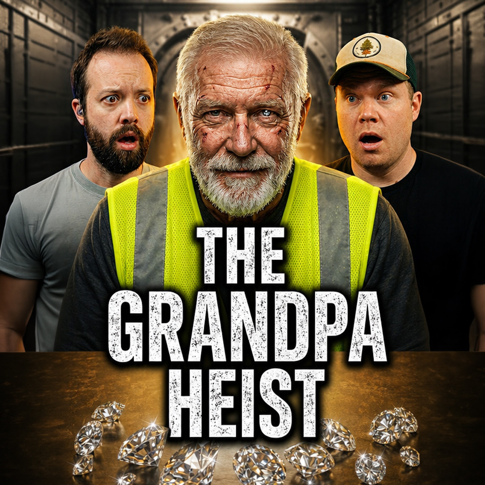 Comedy podcasters Jaron Myers and Tim Stone behind an old man in a work vest with diamonds and a banner that reads 'the grandpa heist'