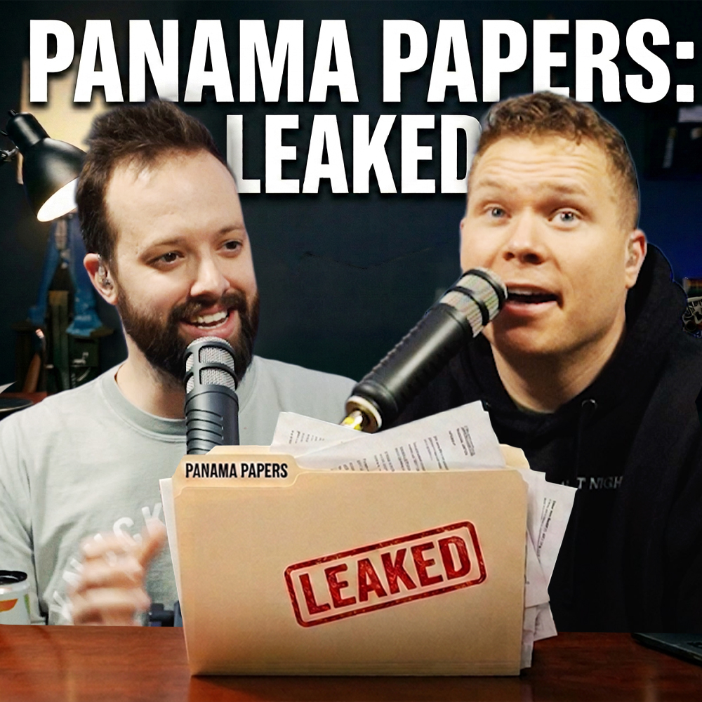 Comedy Podcasters Jaron Myers and Tim Stone behind a folder with a stamp that reads 'leaked' and a headline that reads 'Panama Papers: Leaked'
