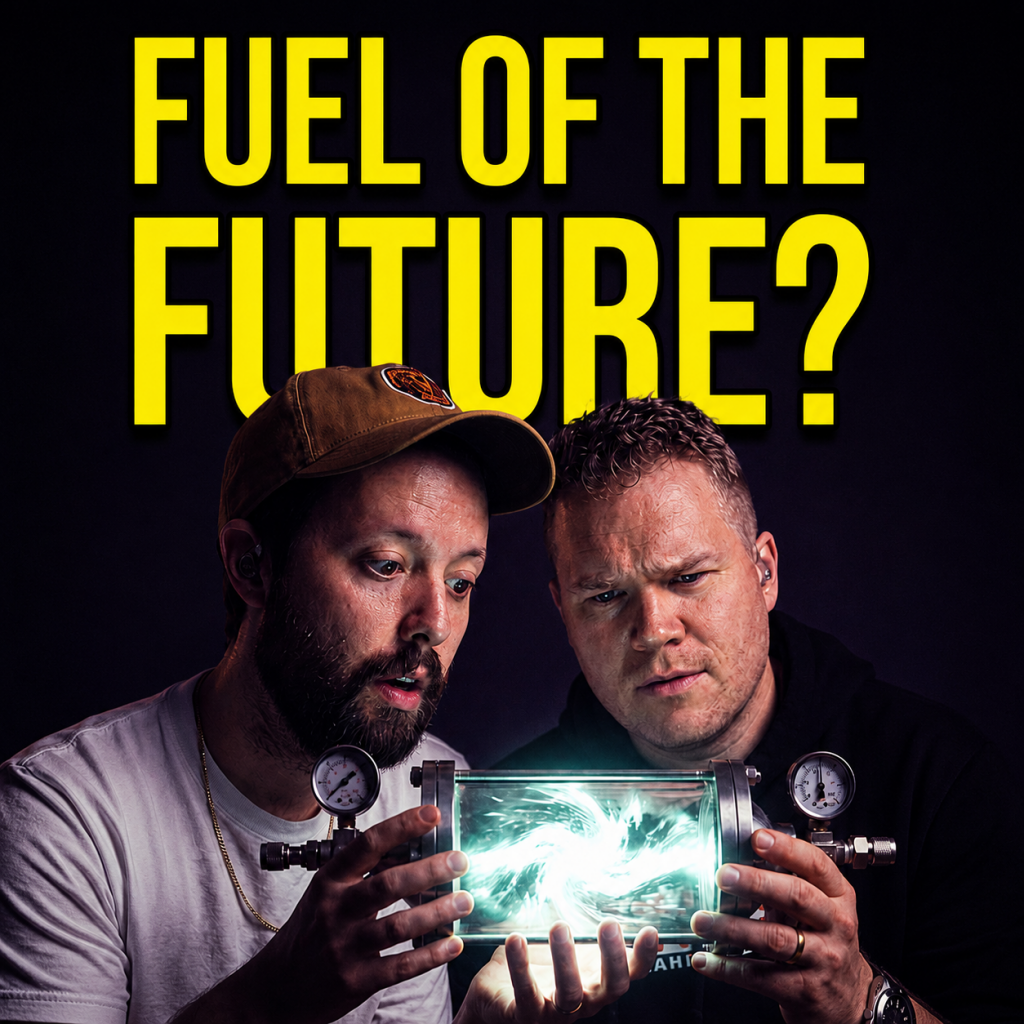 Comedy podcasters jaron myers and tim stone looking in a case of antimatter with a banner that reads 'fuel of the future'