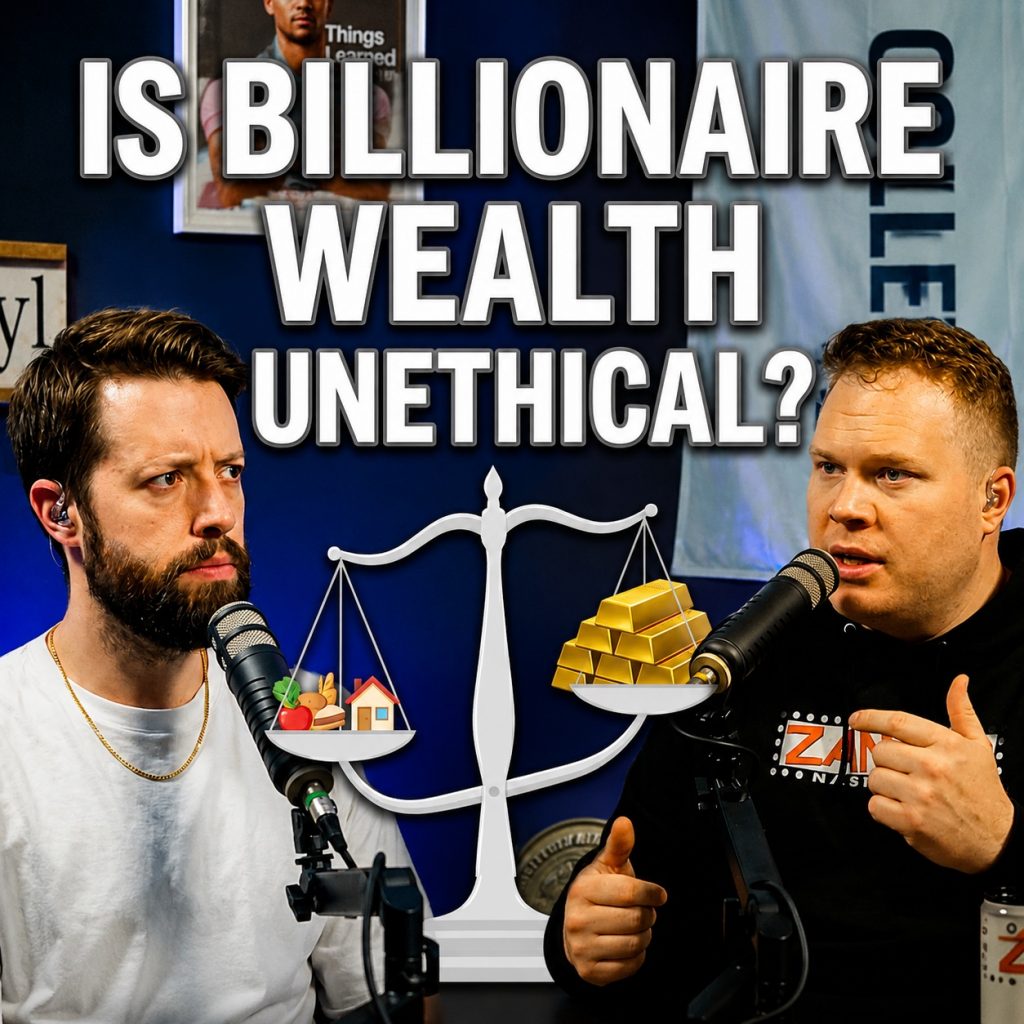 comedy podcasters and jaron myers with a scale and a headline that reads 'is billionaire wealth unethical'