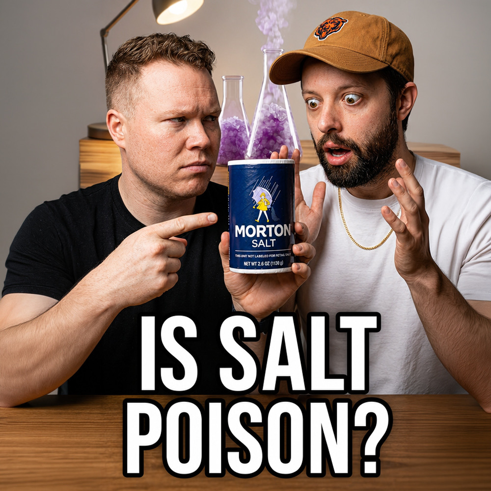 Comedy podcasters Jaron Myers and Tim Stone looking at a container of Morton's Salt with a banner that reads, "Is Salt Poison?"
