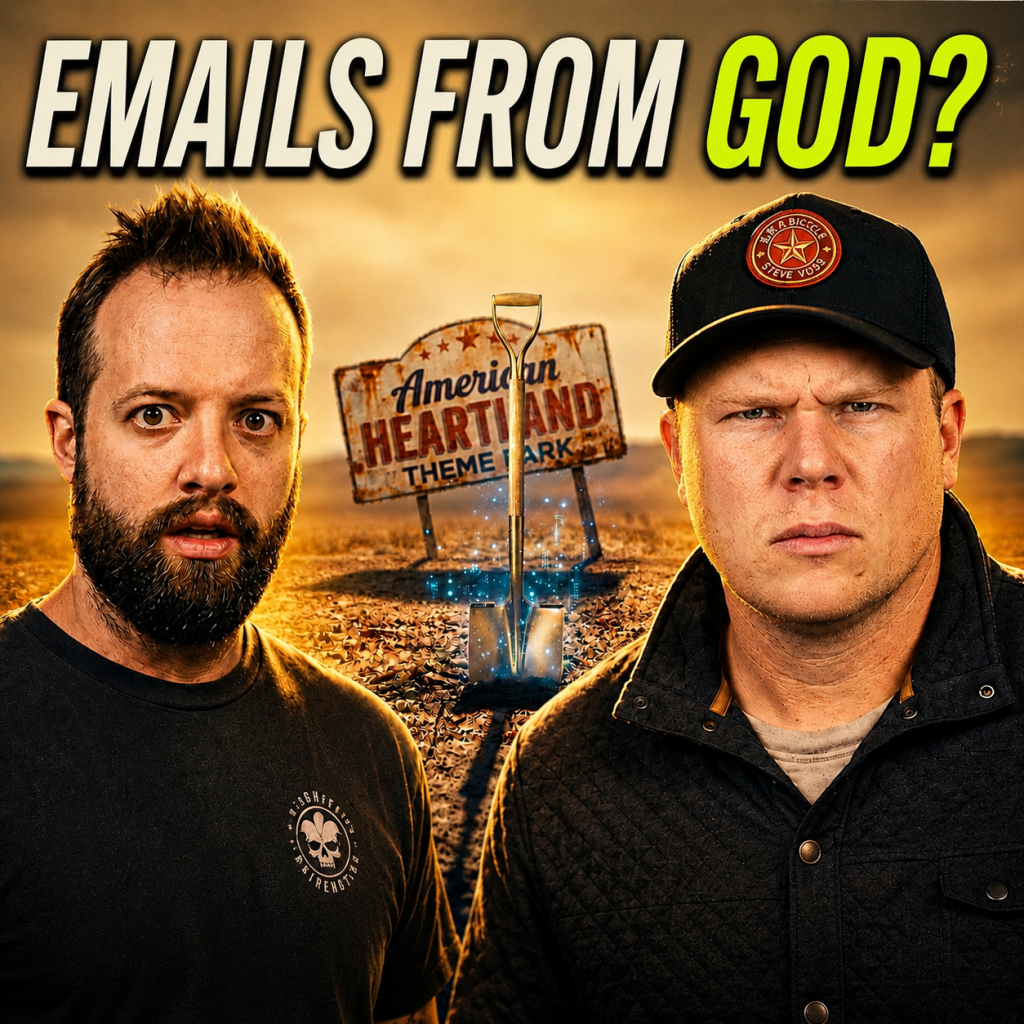 Comedy podcasters jaron myers and tim stone standing in front of a damaged sign that says "American Heartland Theme Park" With a subtitle that reads "Emails from God"