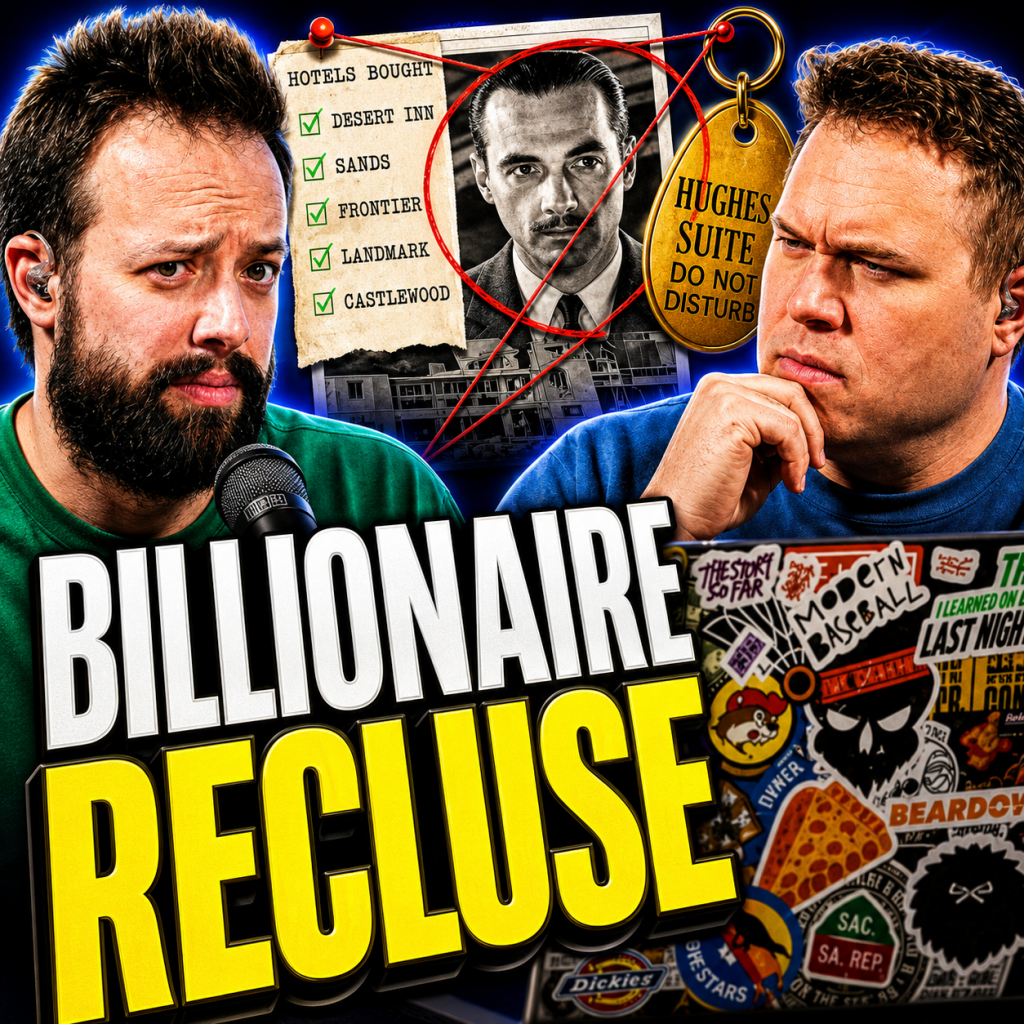 An old photo of howard hughes hanging on a wall behind comedy podcasters jaron myers and tim stone with a banner that reads billionaire recluse