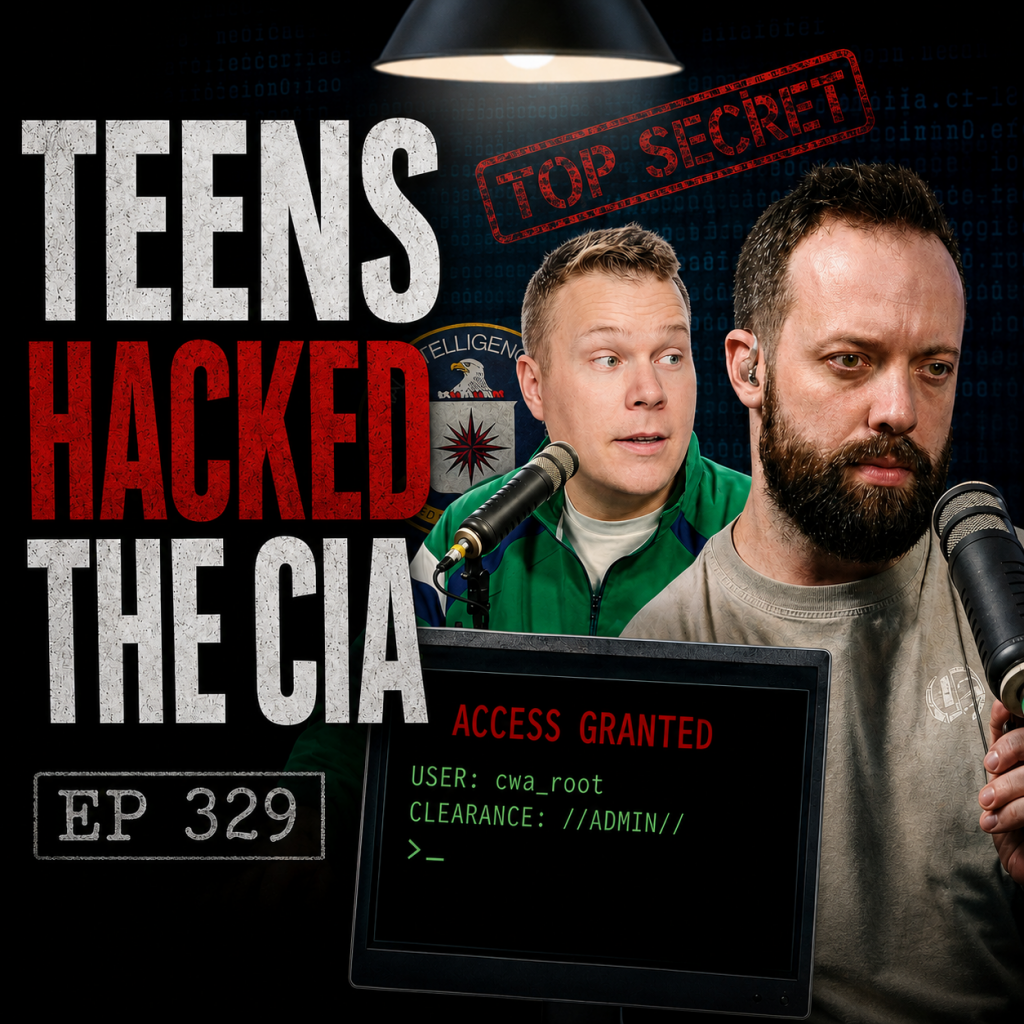 comedy podcasters Jaron Myers and Tim Stone behind a computer with an open terminal and a banned that reads 'teens hacked the cia'