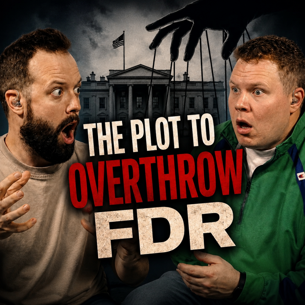 Comedy podcasters Jaron Myers and Tim Stone in front of the white house with a banner that reads "The Plot to overthrow FDR"