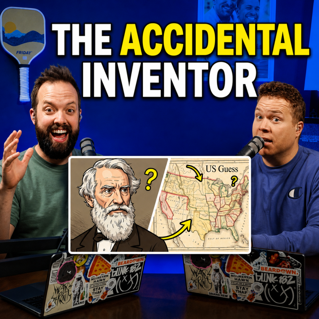 Samuel Morse with his map of the united states in front of comedy podcasters jaron myers and tim stone with a banner that reads 'accidental inventor'