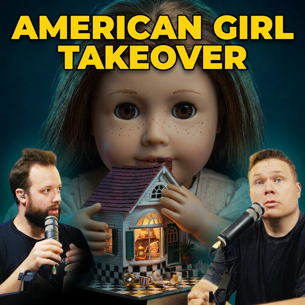 A Female Doll Grasping a doll house behind comedy podcasters Jaron Myers and Tim Stone with a banner that reads American Girl Takeover