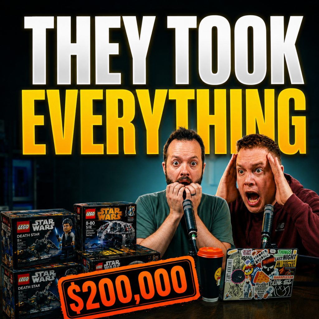 Lego star wars items in front of comedy podcasters Jaron Myers and Tim Stone with a banner that reads "They Took Everything"