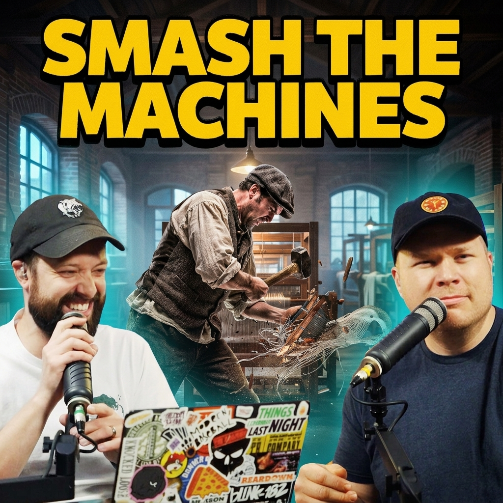 A luddite smashing a machine behind comedy podcasters jaron myers and tim stone with a banner that reads 'smash the machines'